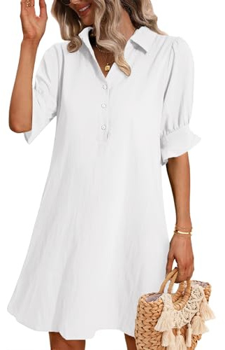 Zeagoo Robe d'été pour femme - Col en V - Manches courtes - Longueur genou - Décontractée - Robe de plage - Robe chemise - Robe décontractée avec poches - Tailles S à XXL