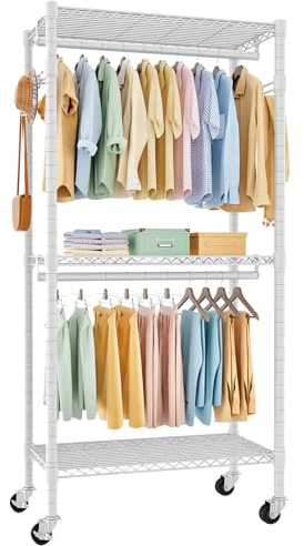 FTEYUET Appendiabiti con ripiani, resistente, con rotelle e ganci laterali, con doppie aste, ruote bloccabili e ganci laterali, colore bianco, 41 x 81 x 210 cm