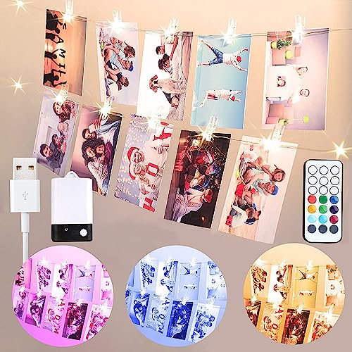 StarryEver Bunt Foto Clips Lichterkette für Zimmer, USB & Batterie 2M 20 LED Lichterkette mit 20 Klammern für Fotos mit Fernbedienung, 10 Farben Lichterkette Bilderrahmen für Weihnachten Wohnung Deko
