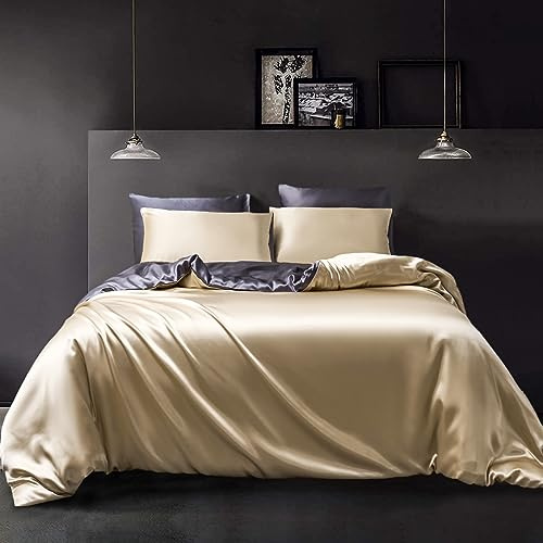 YASMENG Ropa de cama de satén, 200 x 220 cm, color beige, gris oscuro, liso, reversible, elegante, satén, 3 piezas, con cremallera y 2 fundas de almohada de 80 x 80 cm