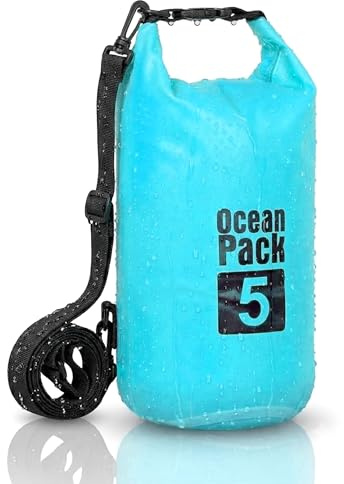 Dry Bag, Borsa Sacca Zaino Impermeabile Waterproof, chiusura a rotolo e tracolla, custodia impermeabile per cellulare e marsupio per Mare Barca Pesca Rafting Spiaggia Sport Acquatici (Light Blue, 5l)