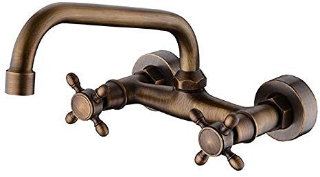 Armaturen, Küche Alle Draht in Wand Doppelgriff Waschbecken Wasserhahn Ländlich europäischen Stil Retro Wand-Waschbecken Kalt Hitze Drehen Wasserhahn/Bronze (Bronze) Good
