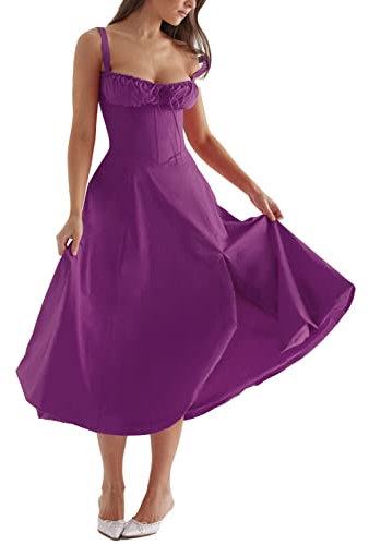 shownicer Robe Corset de Plage d'été, Robe Bustier Imprimée Robes Longues Fendues sans Manches à Bretelles Spaghetti pour Femmes A Violet L