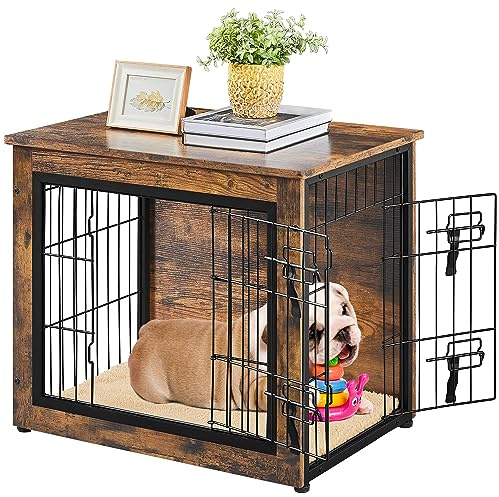 Yaheetech 27.5 Inch Dog Crate Furniture with Cushion, Wooden Dog Kennel with Double Door Side End Table with Adjustable Feet for Small Medium Dogs