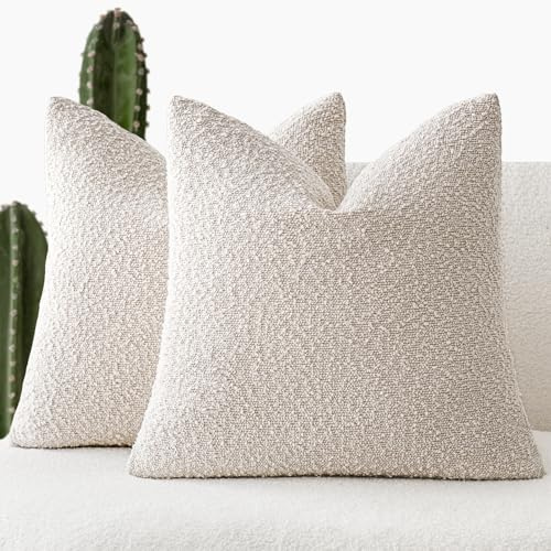 Foindtower Pack of 2, 20 x 20 Inch, Decorative Textured Boucle Throw Pillow Covers Accent Solid Pillow Cases Cozy Soft Couch Cushion Case for Chair Sofa Bedroom Living Room Home Decor, Beige