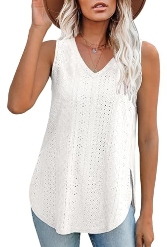 Aokosor Ladies Tops for Women UK V Neck Vest Summer Sleeveless Clothes Casual Side Splits Tank White Size 18-20 XL