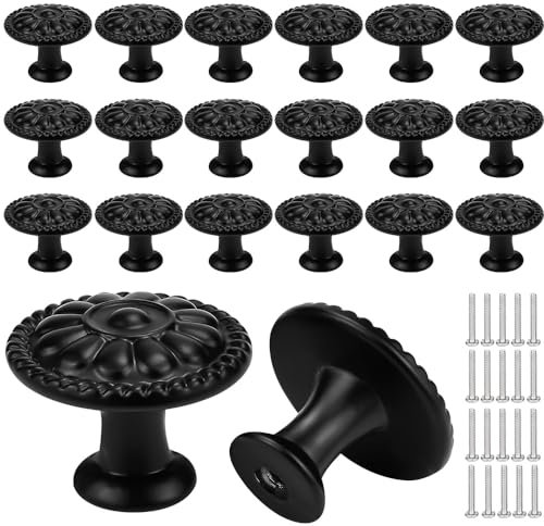 NAROSEBE 20 Pcs Bouton de Placard Cuisine Vintage, Poignée Tiroir Cuisine en Alliage d'Aluminium, Poignée de Commode Floral, Petit Bouton Armoire Noir Rond, pour Commode Table de Chevet Coiffeuse