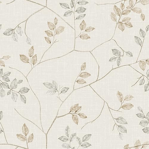 ReWallpaper 44.5CM×7M Papel Pintado Pared Hojas Pequefias Gris Papel de Pared Decorativo para Salon Removible Papel Vinilo Adhesivo Pared Baño Papel Pared Autoadhesivo Hojas Beige PVC