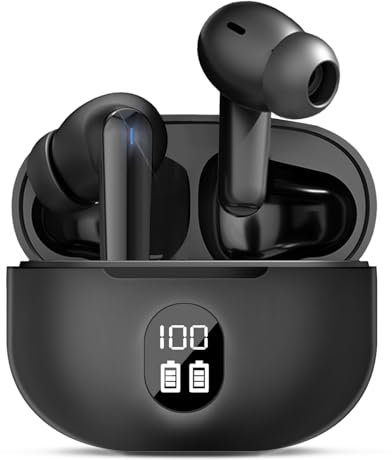 Auriculares inalámbricos Bluetooth, 5.3 HiFi auriculares in-ear estereos inalambricos, pantalla LED, cascos inalambricos con micrófono ENC, IP6 auriculares a prueba de agua para iOS / Android-Negro