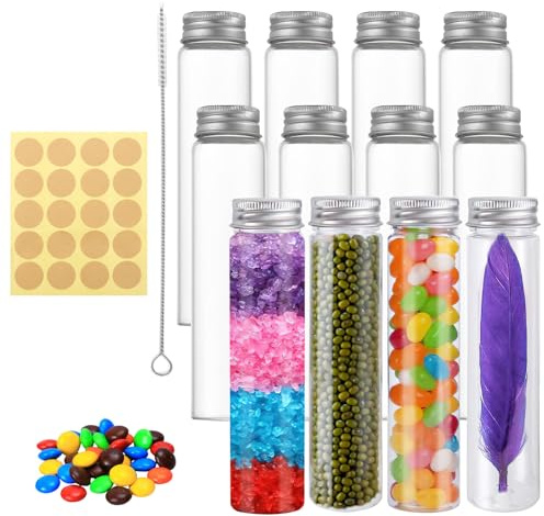 VEGCOO 12Pcs Tubes à Essai Plastique, Bouteille Sensorielle, 110 ML Tube Plastique Transparent avec Bouchon à Vis, Étiquette et Brosse de Nettoyage, pour Bonbons, Fleurs, Épices (110ML/12Pcs)