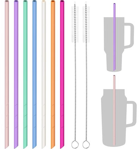 NiHome 7 Stück Silikonstrohhalme, Wiederverwendbare Trinkhalme für Stanley Becher, BPA-freies Lebensmittelechtes Silikon mit 2 Reinigungsbürsten, Anpassbare Länge& einfach zu reinigen (bunte Farben)