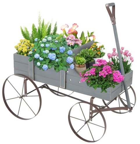 GOPLUS Carretilla para plantas, carrito de flores con ruedas y asa, jardinera para flores para jardín y exterior, 62 x 34 x 60 cm (gris)