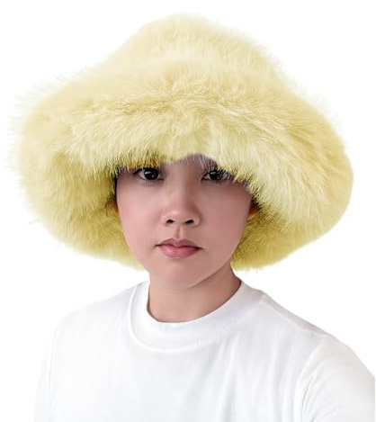 Lina & Lily Oversized Winter Faux Fur Bucket Hat for Women - Long Pile Fur Wide Moldable Brim (Light Yellow)