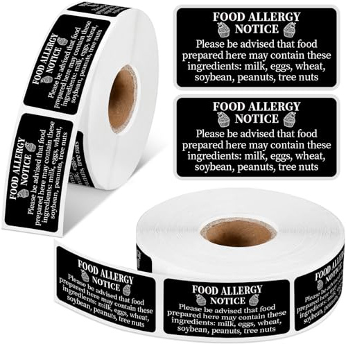 Gueevin 600 Count 1x2'' Food Allergy Warning Labels Allergies Restaurant Food Safety Self Adhesive Stickers Restaurant Removable Thermal Printed Labels for Kitchen (Black)