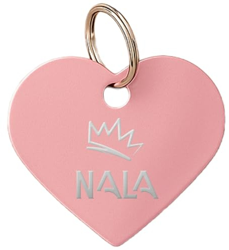 DEREGALOOS Chapa Identificativa Mascotas Personalizada Grabada 2 Caras. Forma de Corazón. Placa para Perros Gatos. Elige Forma, Color y Tamaño. Aluminio Ligero. Ideal para Collar o Arnés (Rosa, S)