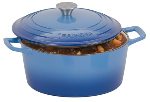 Bakken Enameled Cast Iron Dutch Oven Pot, 6QT Dutch Oven for Bread Baking, Braising & Roasting, Kitchen & Campfire Cooking, Moisture-Locking Lid, Oven Safe Up To 500°F, Works on All Cooktops, Blue