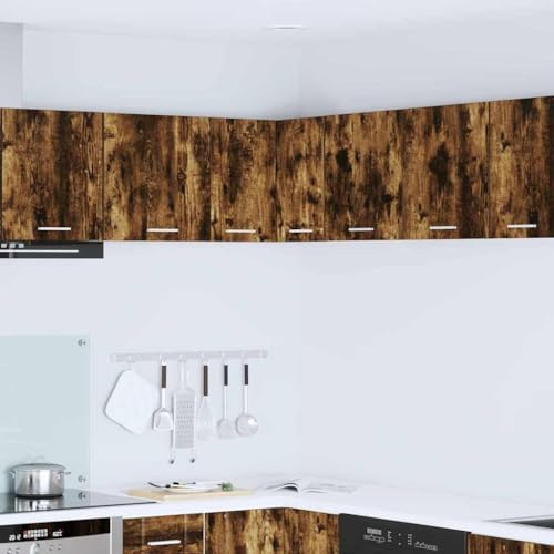 Mokuyary Armario colgante de roble ahumado y blanco, 57 x 57 x 40 cm, armarios de pared de cocina, armario de pared de baño, modelo 1 armario de esquina colgante de 57 cm de ancho y 40 cm de alto
