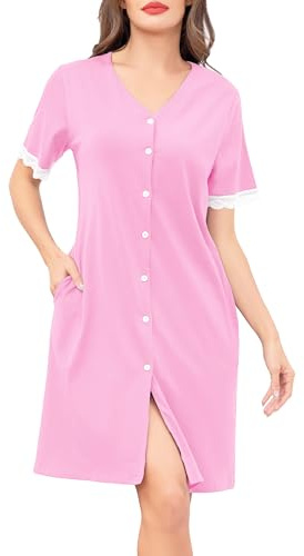 Wikoan Camicia da Notte da Donna Abito Estivo con Scollo a V e Bottoni sul Davanti Camicia da Notte con Bordi in Pizzo S-3XL