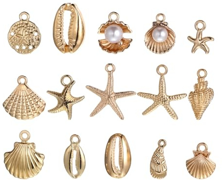 Axafazup 32Pcs Beach Charms, Summer Alloy Starfish Seashells Conches Ocean Theme Pendants, Gold Shell Charms for Jewelry Making, DIY Necklace Bracelet Earrings Crafting