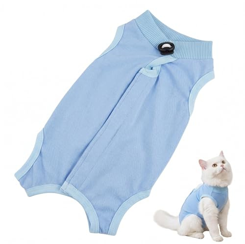 Kattbody efter OP för katter – E-halsband, alternativ body katt efter kastrering, kattkropp för katter, operation, skyddsoverall mot läckage och bitning, kattkläder, blå, M (2–4 kg)