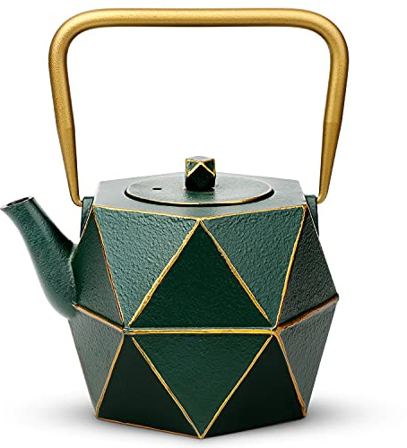 Toptier Cast Iron Teapot, Stovetop Safe Japanese Cast Iron Tea Kettle, Diamond Design Tea Pot with Removable Infuser for Loose Tea, 30 Ounce (900 ml), Dark Green