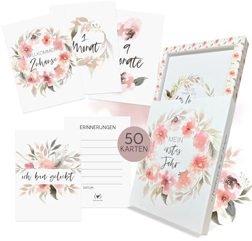 HIMMEL.HERZ.PAPIER® Meilensteinkarten Baby - Baby Geschenk zur Geburt & Babyparty und Schwangerschaft - 50 Karten inkl. Geschenkbox für Jungen und Mädchen - Rosa