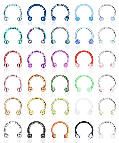 YAODCA 30Pcs 16G Setto a Ferro di Cavallo Anelli Setto in Acciaio Inox Naso Piercing Gioielli Sopracciglio Labbro Anelli Cerchio Cartilagine Helix Trago Orecchino per Donna Uomo 8MM 10MM