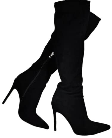 Botas de tacón de aguja negra sexy sobre la rodilla, gamuza sintética ajustada tacón fino por encima de la rodilla bota, Frankie Hsu para mujer de gran tamaño diseñador, botas largas altas para