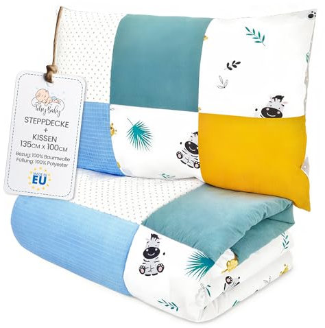 Kinder Bettdecke ohne Bezug 100x135 cm - Baumwolle Baby Decke und Kissen Set Kinderdecke 100 x 135 und Kopfkissen 60 x 40 - Bettdecken Kinderbettdecke für Babybett Patchwork Safari Mango