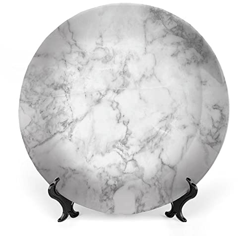 LIGUTARS Decorative Plates, Marble Print Ornament, with Cloudy Spotted Trace Effects Marble, 8 Inch, 1 Plate with 1 Display Stand, Light Grey Dust