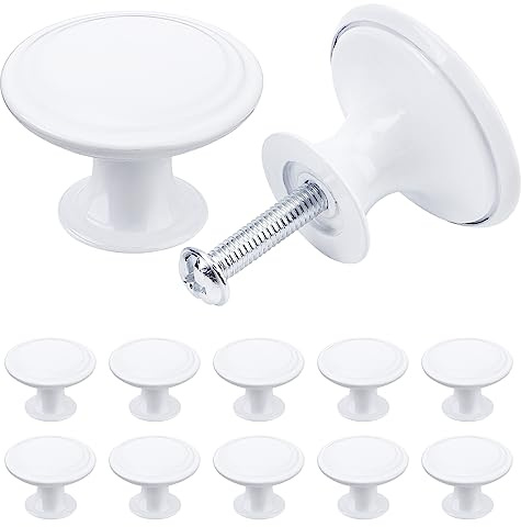 TsunNee Lot de 12 boutons de placard vintage chic - Poignées de placard de cuisine de style antique - Boutons de porte ronds de 30 mm Blanc
