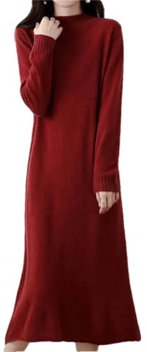 Vsadsau Abito lungo in cashmere da donna, 100% pura lana merino, lavorato a maglia, girocollo, Rosso, XL