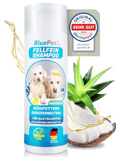 BluePet Mildes Hundeshampoo Gegen Juckreiz, Gerüche & Schmutz 200ml - Rückfettend & pH-Neutral - Für alle Hunderassen, Langhaar & Weißes Fell + Mit Aloe Vera & Jojobaöl
