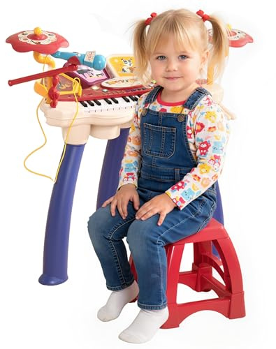 AIYAPLAY Pianola per Bambini 3-6 Anni con Sgabello, Microfono, Tamburo e Bacchette, Gioco Musicale per Bambini in PP e ABS, 74x32.2x71 cm