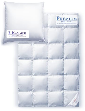 Aura® Luxus Set Daunendecke & Kissen Set | 135 x 200 cm extra warm + 80 x 80 cm medium 3 Kammern Kissen | Premium 90% weißen Daunen, ungarische Klasse I | Oeko-TEX Winterdecke