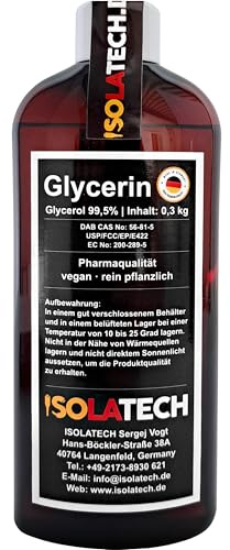 ISOLATECH Glycerin 250ml Flaska 99,5% Farmaceutisk Kvalitet Innehåll 300g | Glycerol, Rent Vegetabiliskt, Uppmätt till 99,98%, Transparent, Flytande, För Livsmedel/Kosmetika, Tillverkad i Tyskland