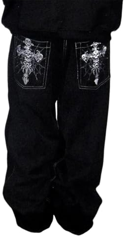 ORANDESIGNE Jeans Baggy Uomo Pantaloni Larghi per Uomo e Ragazzo Stile Skate Rap Baggy Hip Hop Nero Used Stone Wash Scuro O Nero L