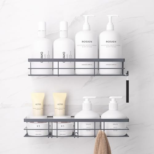 LAJIAKE Duschablage Ohne Bohren Silber, 2 Stück Edelstahl Duschregal Mit 5 Haken, Shampoo Halterung Für Dusche, Duschkorb Zum Kleben, Shower Shelf, Dusche Zubehör Für Bad Und Küche