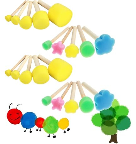 Zhenghebuy 20 Pezzi Set di Pennello Spugna,Rotondi Spugne Pennelli,Bambini Spugne per Dipingere,Pennelli per Pittura in Gommapiuma,Pennello Schiuma con Manico in Legno(5 Dimensioni)
