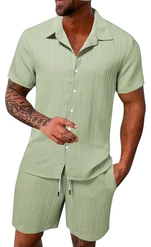 POIUIYQA Casual Leggero Tute Tuta Uomos Estiva Completa Leggera Manica Corta Button Down Camicie Con Coulisse Pantaloncini Completo Due Pezzi Spiaggia Set Da Ginnastica Corto Sportivo Complete