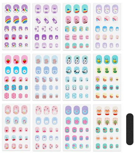JSRQT 12 Sheets Nail Polish Stickers for Girls Kids, Self Adhesive Cartoon Gel Nail Art Stickers Decals, Full Wraps Nails Strips with Nail File for DIY Nail Party