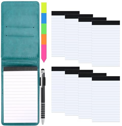 Meetory Mini blocco note A7, set da 11 pezzi, mini taccuino con 8 blocchi di ricambio, copertina nera in pelle PU, con mini penna a sfera, blocco note tascabile, per attività all'aperto