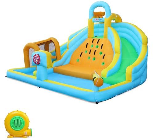 HOBBYZOO Château Gonflable avec Souffleur, Aire de Jeux Gonflable avec Double Toboggan, Aire de Saut, Grand Mur d'escalade, Pistolet à Eau, Cible, pour 3 Enfants de 3 à 10 Ans, 395 x 350 x 260 cm