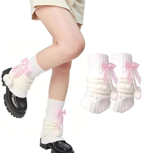 HUSHRICH Y2K Leg Warmers - Harajuku Kawaii Bow Tie Leg Warmers, 80s Y2k Ribbed Knit Legwarmers for Women Girls Ladies Fashion Ankle Warmers for Ballet Yoga Dance