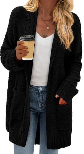 KIRUNDO Cardigan Sweaters for Women 2026 Fall Chunky Fuzzy Knit Open Front Loose Long Sleeve Sweater Coats Winter Clothing(Black, Small)