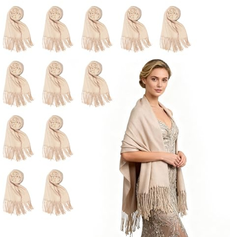12pcs Wedding Shawls with Fringes Bulk Wedding Scarf Shawl for Guests Wedding Favor Bridal Scarf Homeless Gift Beige