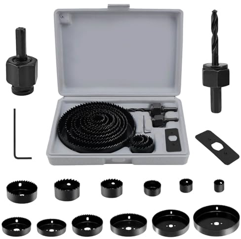 Juego de Sierras Perforadoras, 16 Piezas 19-127 mm Kit de Sierra de Agujero Acero al Carbono, Sierra con Perno de Sujeción, Placa de Montaje, Llave Hexagonal, para Cortar, Taladrar