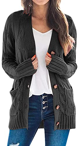 Duohropke Chaqueta de punto mujer cardigan de punto grueso con botones y bolsillos suéteres extra grandes tallas grandes abrigo de punto business parte delantera abierta hombro chaqueta, Gris oscuro