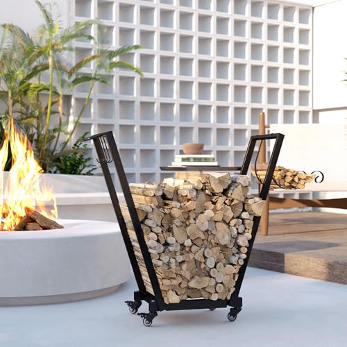lafengyan Heavy-Duty Steel Firewood Rack with Rolling Casters and Tool Hooks for Indoor or Outdoor Wood Storage