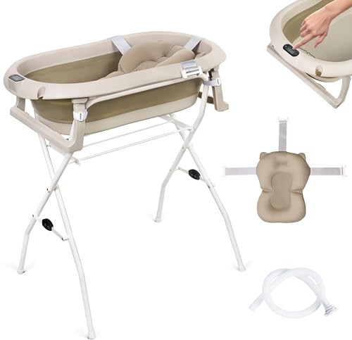 moovkee. Babybadkar med ram 80 cm – beige babybadkar vikbart med termometer, badkudde och dräneringssystem – babybadkar med stativ, säkert för ditt nyfödda